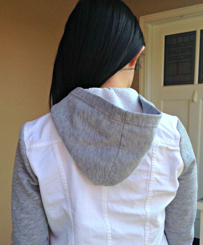 refashion a jean jacket with sweatshirt sleeves and hoodie