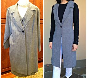 how to upcycle an enormous suit into a sleeveless coat in 2 hours