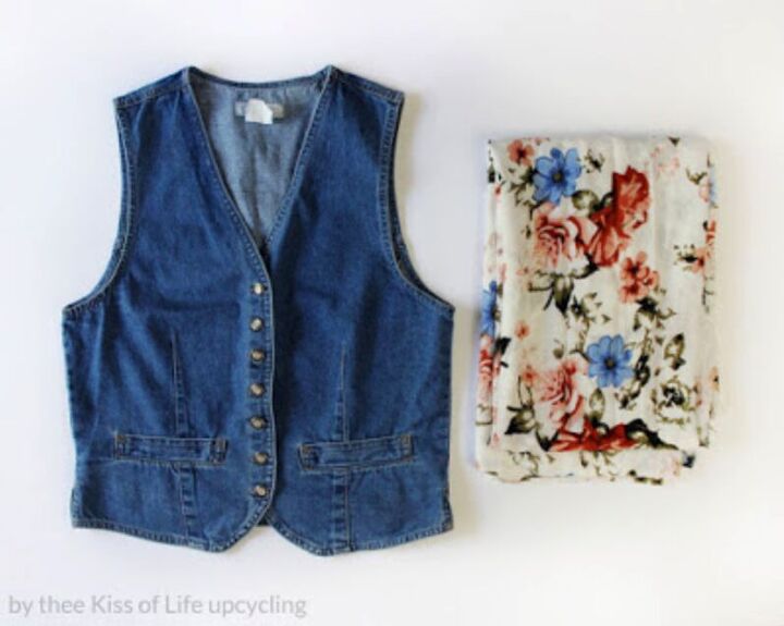 refashion vintage denim vest floral fabric