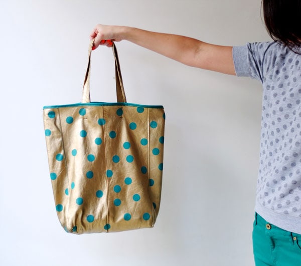 upcycle style spotty gold leather tote bag