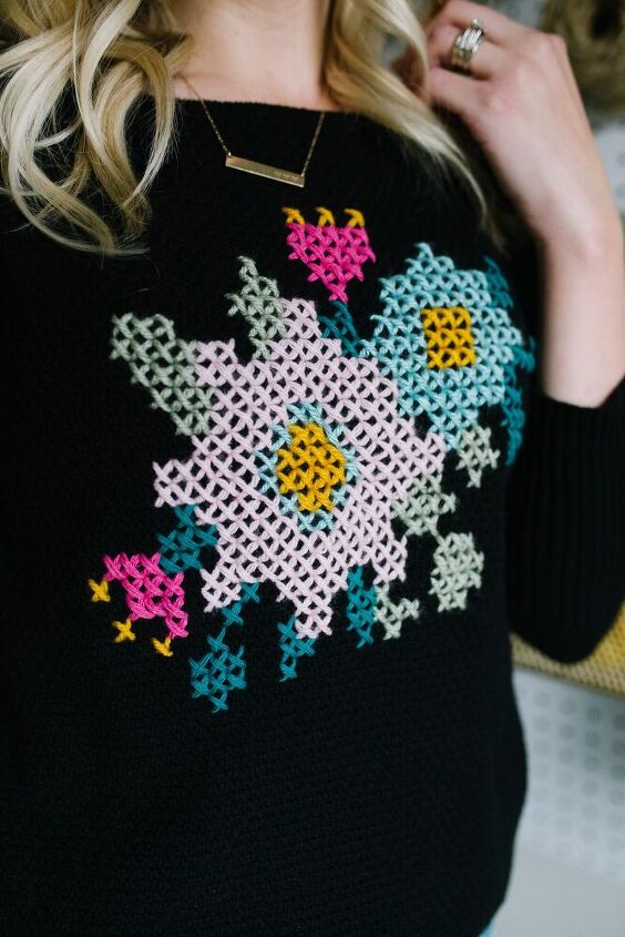 how to make a diy embellished sweater with cross stitch