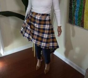 different ways to wear and style a blanket scarf, Make a high low skirt