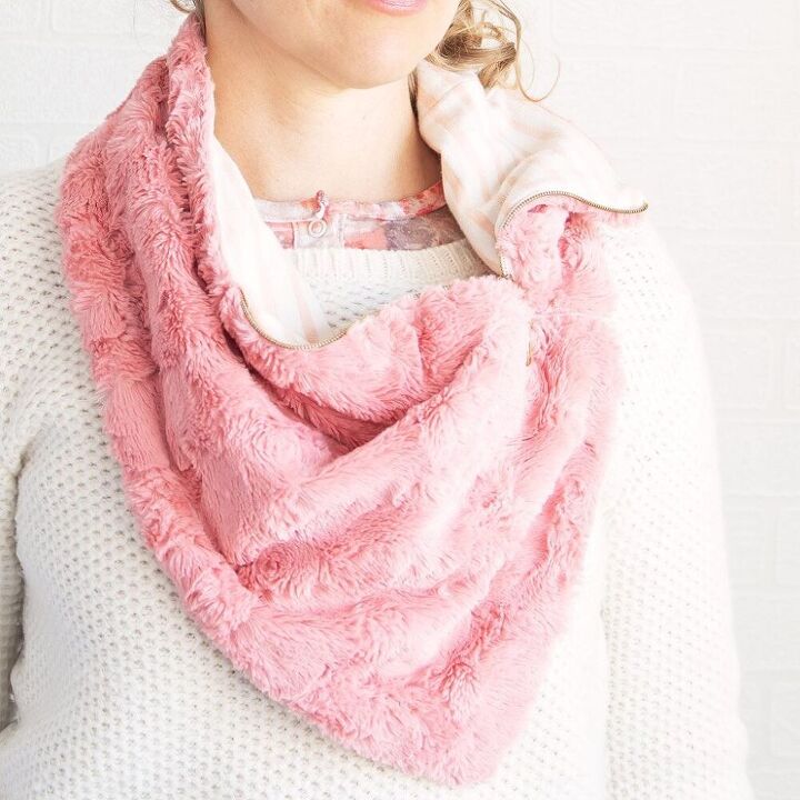 make a snugly diy neck warmer scarf, Unzip the zipper partially for an open collar feel