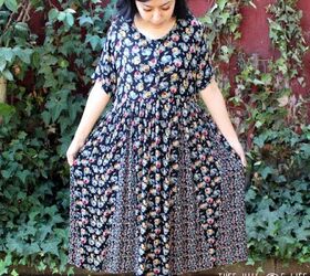 refashion thrifted black floral dress from long dress length to lo