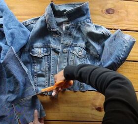 make an edgy and chic denim and plaid jacket, Plaid and denim jacket