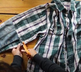 make an edgy and chic denim and plaid jacket, Cut the plaid sleeves