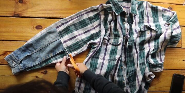 make an edgy and chic denim and plaid jacket, Cut the plaid sleeves