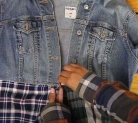 make an edgy and chic denim and plaid jacket, Close the buttonholes