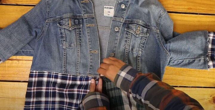 make an edgy and chic denim and plaid jacket, Close the buttonholes