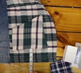 make an edgy and chic denim and plaid jacket, Sew on the pockets