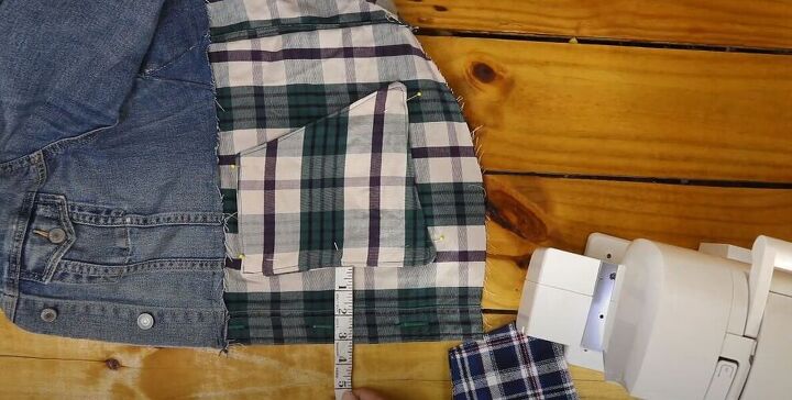 make an edgy and chic denim and plaid jacket, Sew on the pockets