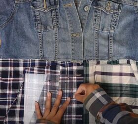 make an edgy and chic denim and plaid jacket, Add new buttons