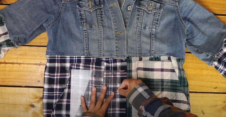 make an edgy and chic denim and plaid jacket, Add new buttons