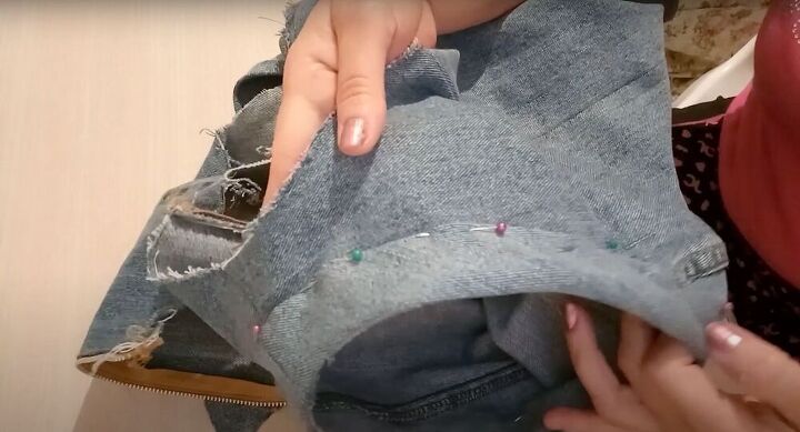 thrift flip how to upcycle jeans, Sew the armholes