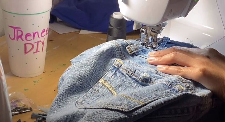 diy distressed jeans, Sew down the belt loops