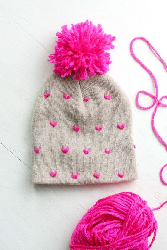 diy heart patterned stitched pom pom beanie