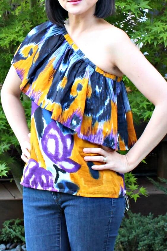 make a one shoulder ruffle top from a floral skirt