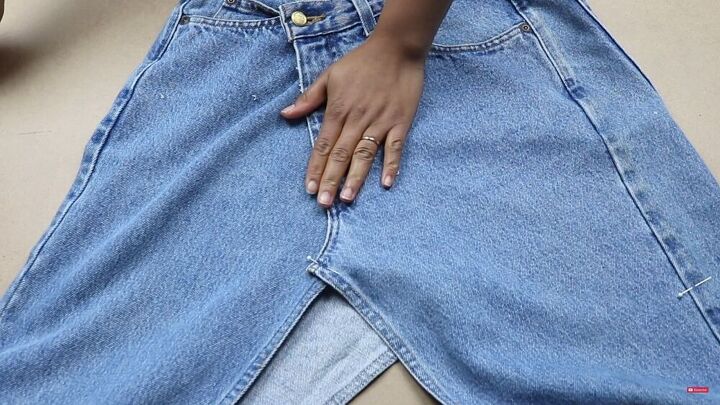 make a unique diy denim skirt that looks store bought, Pin the front