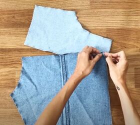 upcycle mens jeans into a stylish denim jacket, Pin the front pieces