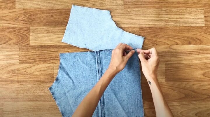 upcycle mens jeans into a stylish denim jacket, Pin the front pieces