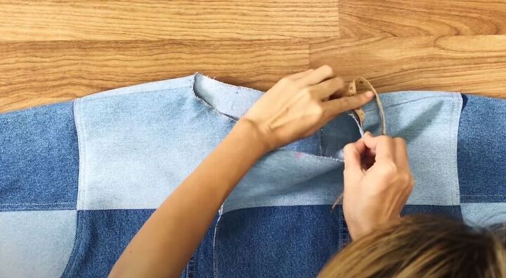 upcycle mens jeans into a stylish denim jacket, Measure the neckline