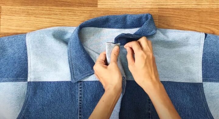 upcycle mens jeans into a stylish denim jacket, Finish the button placket