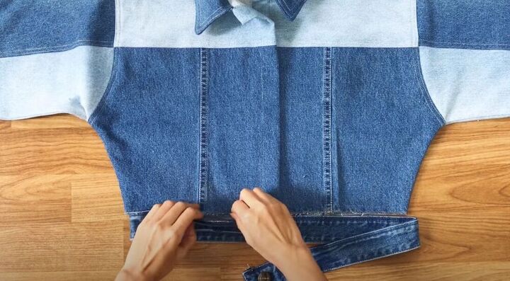 upcycle mens jeans into a stylish denim jacket, Add a waistband