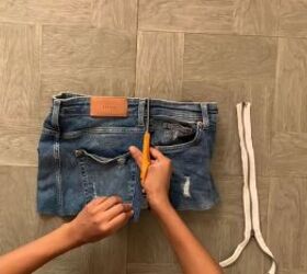 turn a pair of jeans into an off shoulder top, DIY jean top
