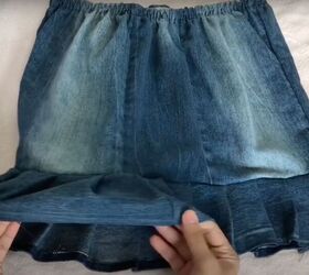 how to transform old jeans into a diy denim skirt, Hem the skirt