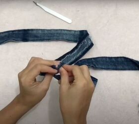 how to transform old jeans into a diy denim skirt, Sew the belt