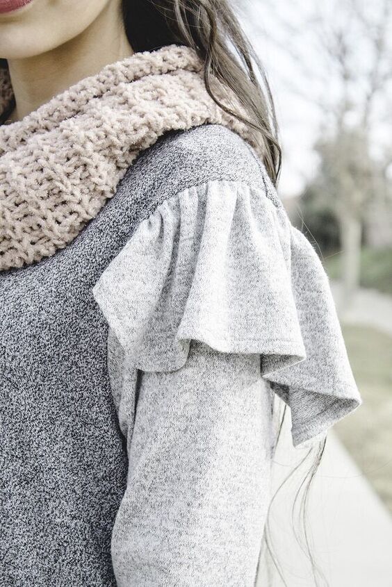 ruffle shoulder sweater refashion how to sew shoulder ruffles