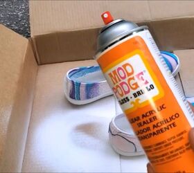 how to hydro dip shoes with spray paint super fun easy tutorial, Sealing the hydro dip shoes with Mod Podge