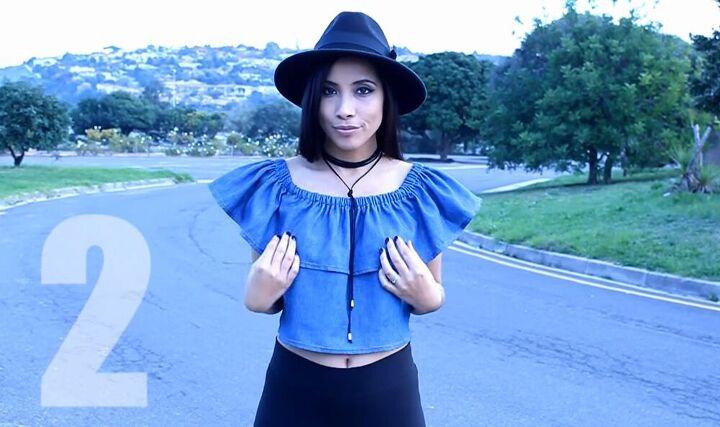 learn how to make an off the shoulder ruffle crop top, Denim crop top