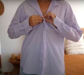 fun thrift flip transform a mens shirt into a cute drawstring top, Mark the neckline with a pin