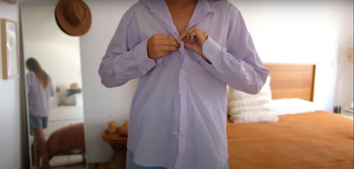 fun thrift flip transform a mens shirt into a cute drawstring top, Mark the neckline with a pin