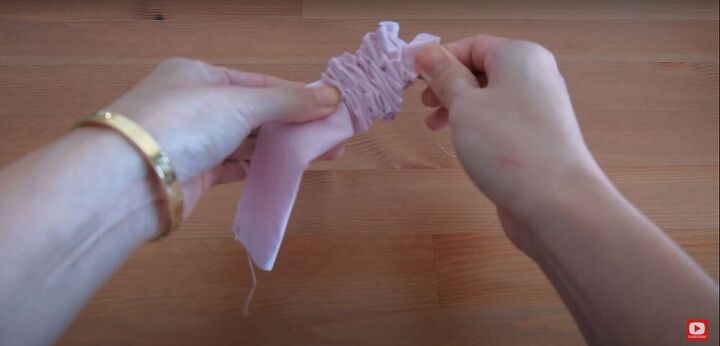 quick diy bow scrunchies to make with scrap fabric, Pull the safety pin through the fabric