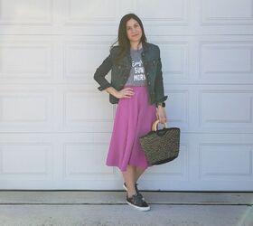 four spring outfits with a colorful midi skirt