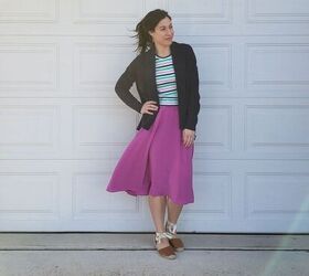 four spring outfits with a colorful midi skirt