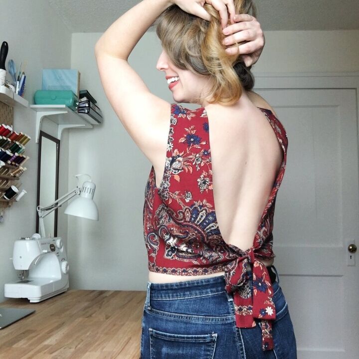refashioned dress into an open backed crop top