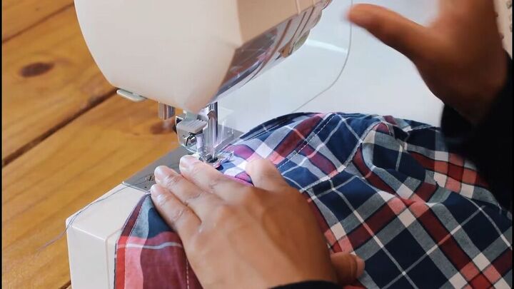 shirt refashion 101 make a unique 3 way plaid dress, Top stitch the entire seam