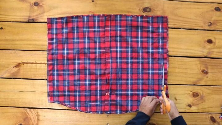 shirt refashion 101 make a unique 3 way plaid dress, Cut off the skirt s excess fabric