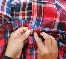 shirt refashion 101 make a unique 3 way plaid dress, Add buttonholes