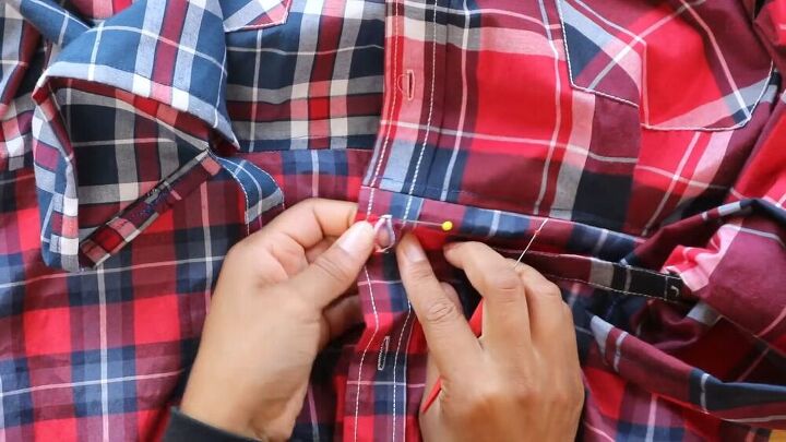 shirt refashion 101 make a unique 3 way plaid dress, Add buttonholes