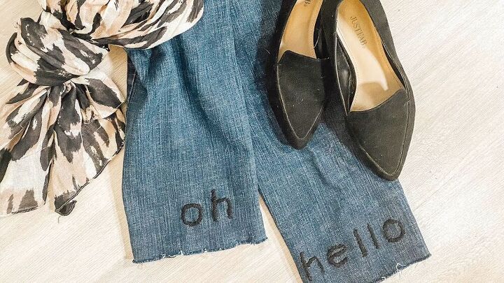 oh hello make diy jeans with an embroidered message, Embroidered DIY jeans with letters
