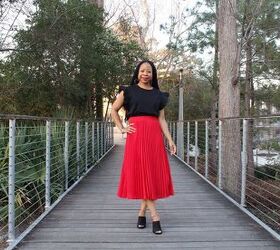 3 ways to style a red midi skirt