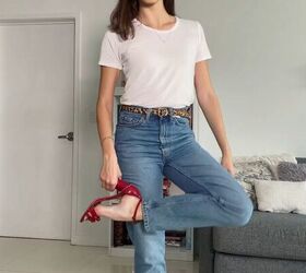 how to style jeans and a t shirt easy style guide, Wear red heels and leopard belt