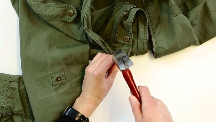 how to replace a snap button on a jacket quick simple tutorial, Hammering the top of the hand tool