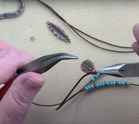 step by step beaded leather necklace tutorial, Place feather pendant