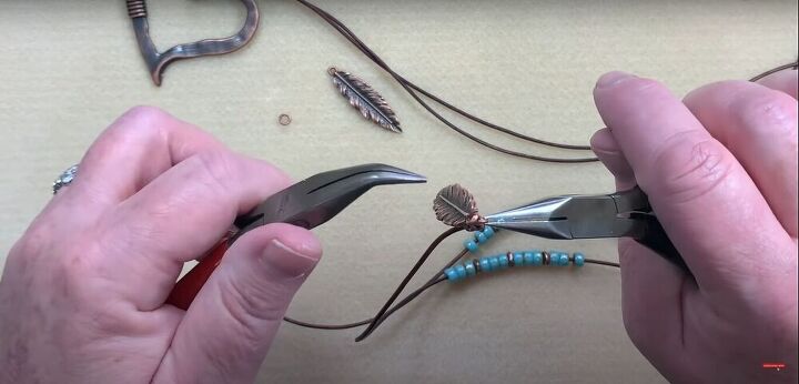 step by step beaded leather necklace tutorial, Place feather pendant