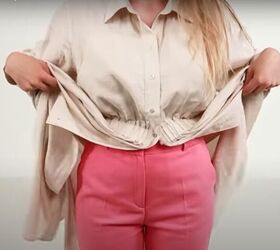 six ways to style the same shirt dress, Salmon slacks layered underneath